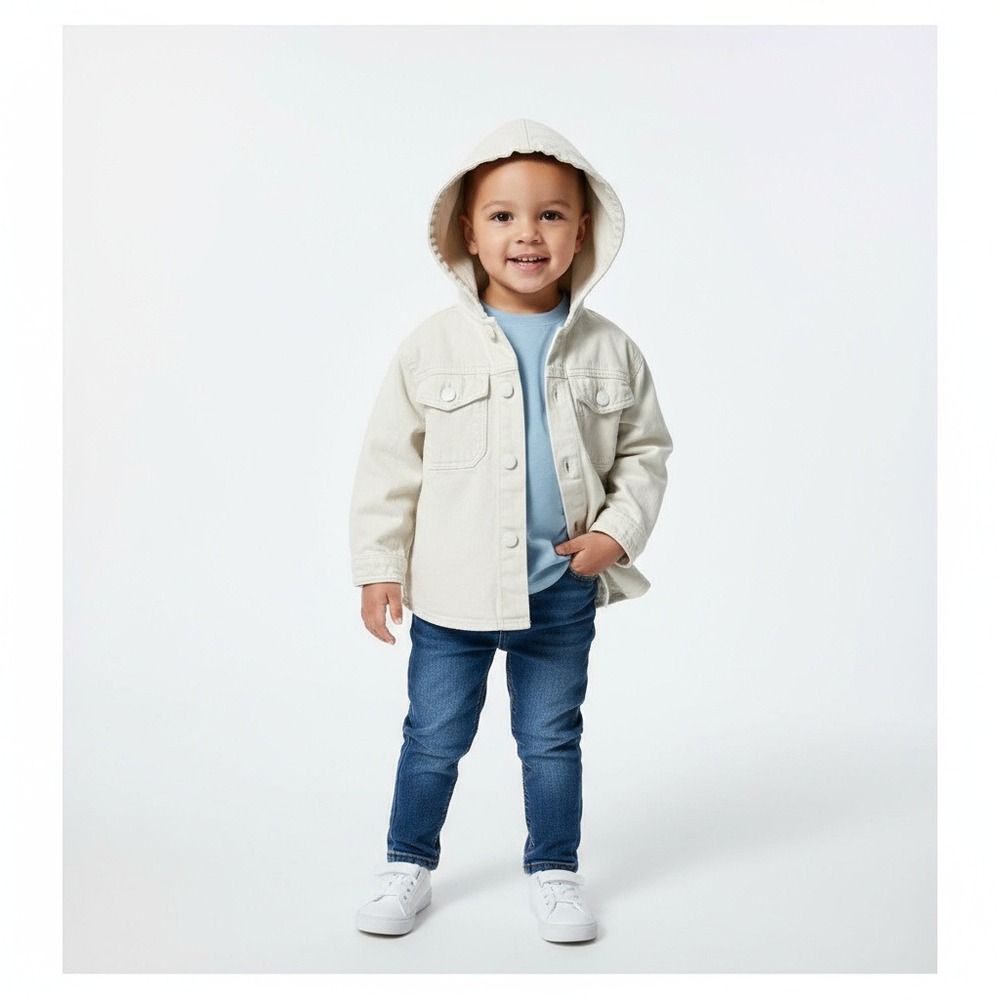 Zara Kids Hooded Jean Jacket Shirt Size 2T Off-White Shacket Button Front Casual